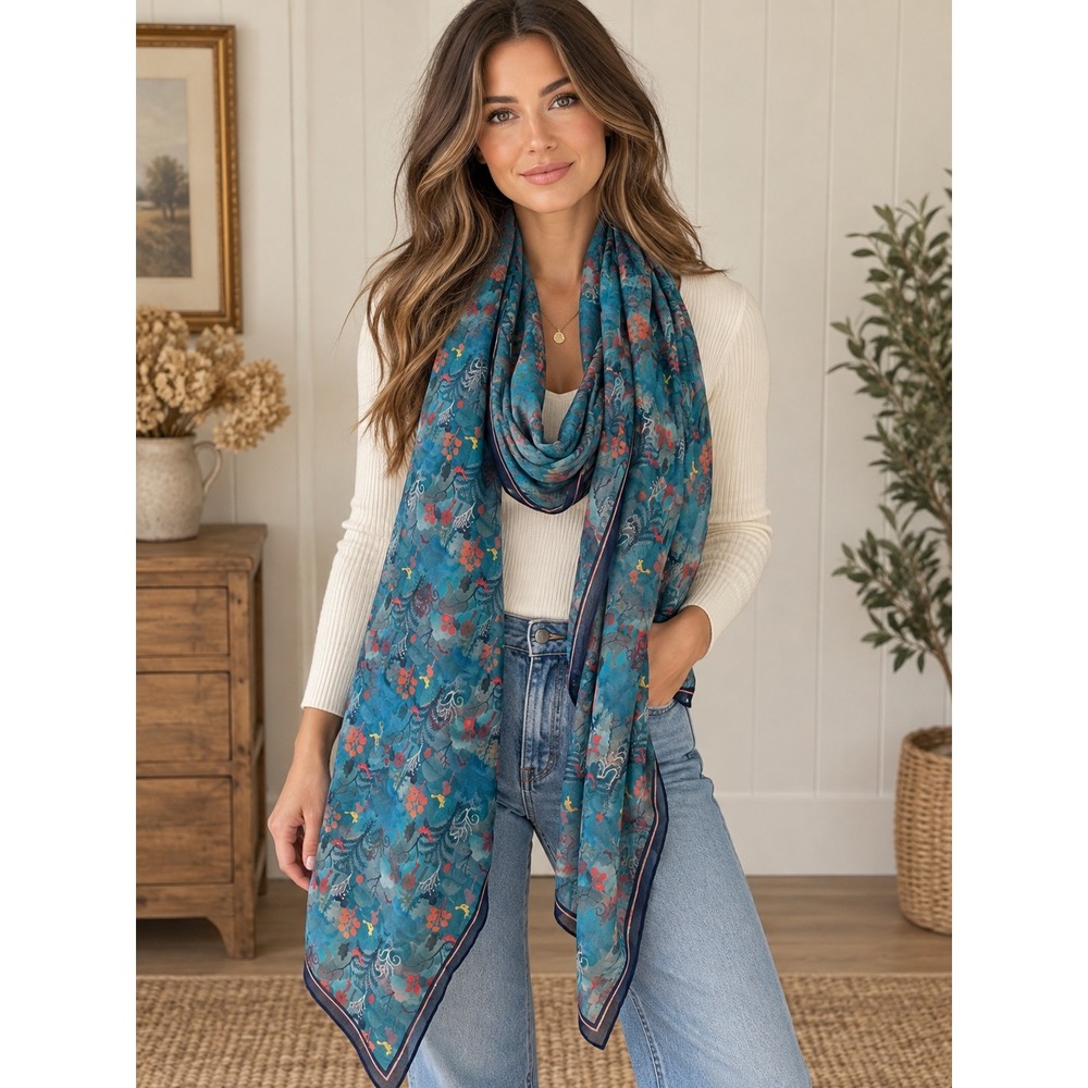 100% Silk Teal Floral Scarf | Boho Vintage-Inspired Lightweight Shawl
